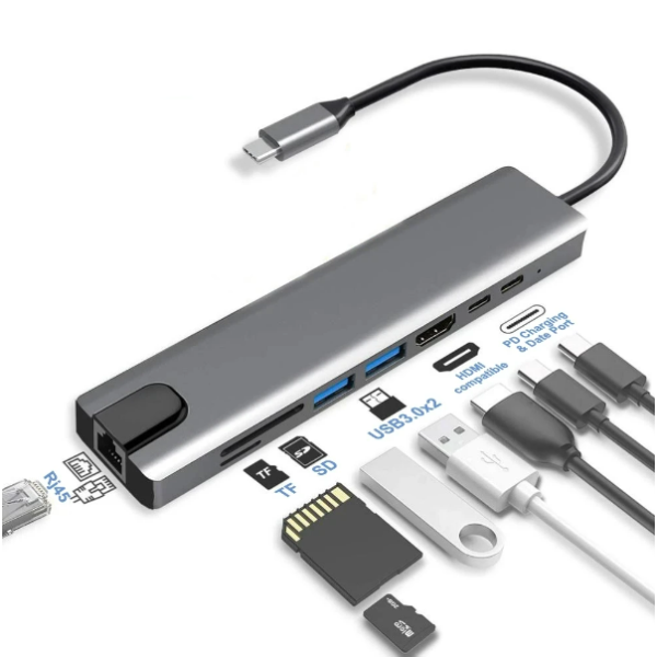 8 in 1 USB C Hub Adapter with HDMI, 2 USB, 2 Type C, SD/TF Reader, LAN Accessories
