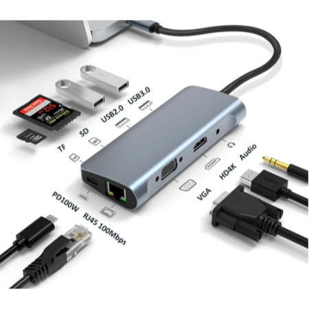 9 in 1 USB C Hub Adapter with HDMI, VGA, x2 USB, Type C, LAN, Aux, Card Reader Accessories