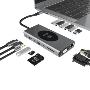 15 in 1 USB C Hub, Wireless Charging, HDMI, VGA, 7 USB, Type C, SD/TF Reader, LAN, AUX
