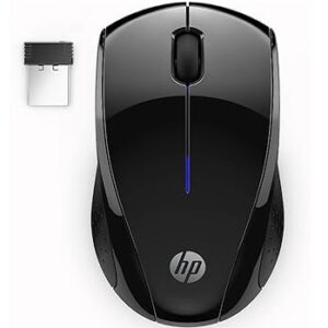 Black HP Wireless Mouse G3t X3000 viewed from the top with a wireless USB dongle on a white background.