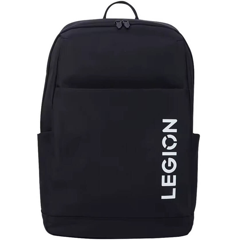 Front-facing view of the backpack, showcasing the clean, minimalist black design with bold white "LEGION" branding running vertically along the side.