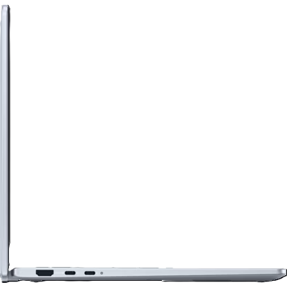An open Dell Insipron Plus 14 laptop viewed from the side on a white background.
