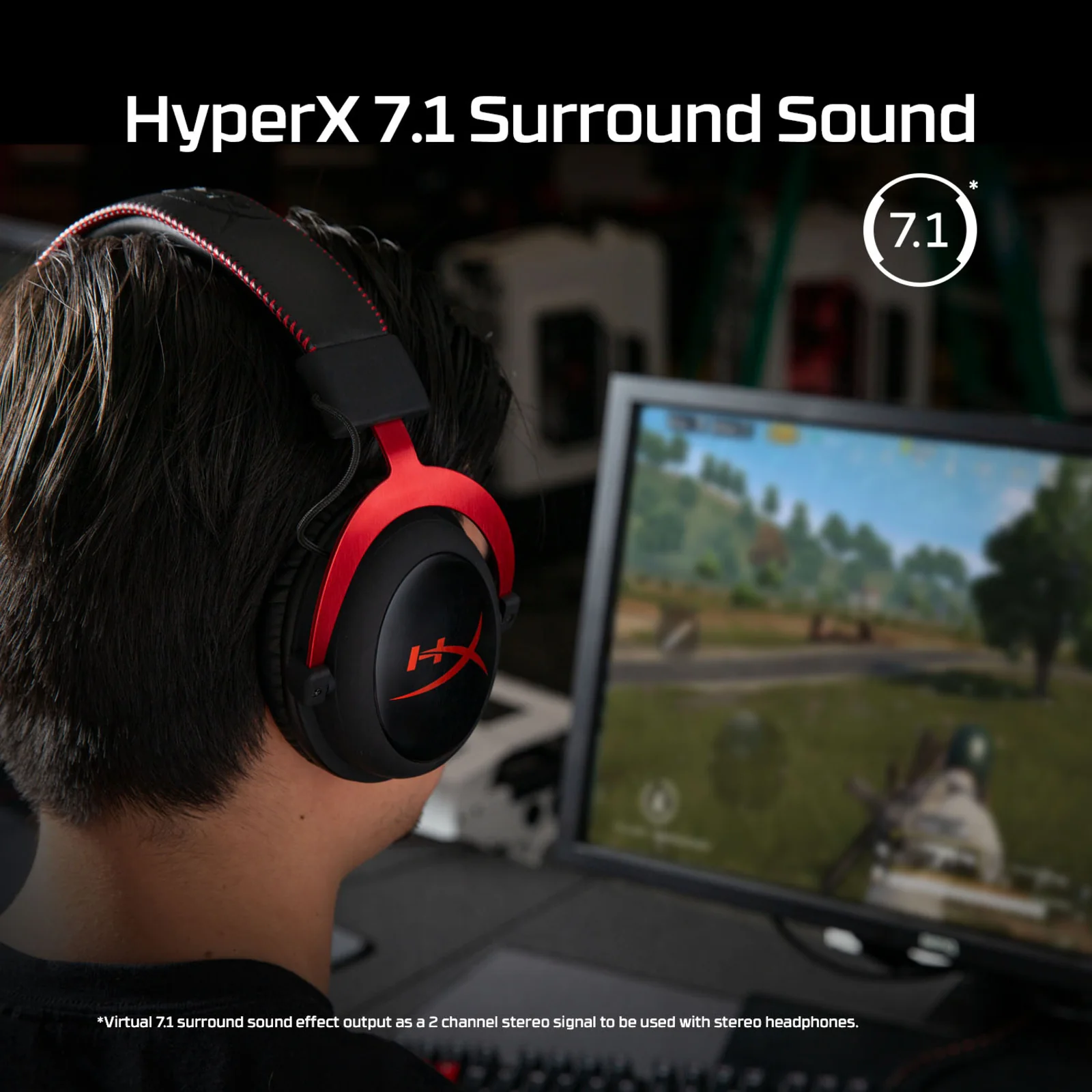 A person wearing a pair of white HyperX Cloud II wired headphones while sitting at a gaming desk.