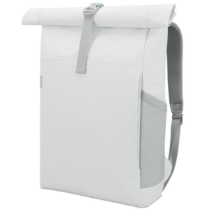 A white Lenovo IdeaPad Gaming Modern Backpack with an isometric angle on a white background.