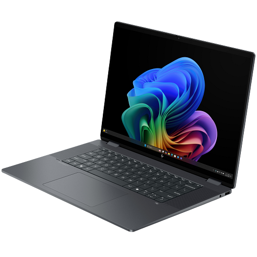 An open Eclipse Gray HP OMNIBOOK X Flip 16-as0023dx laptop with an isometric view on a white background.