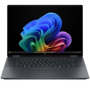 An open Eclipse Gray HP OMNIBOOK X Flip 16-as0023dx laptop viewed from the front on a white background.
