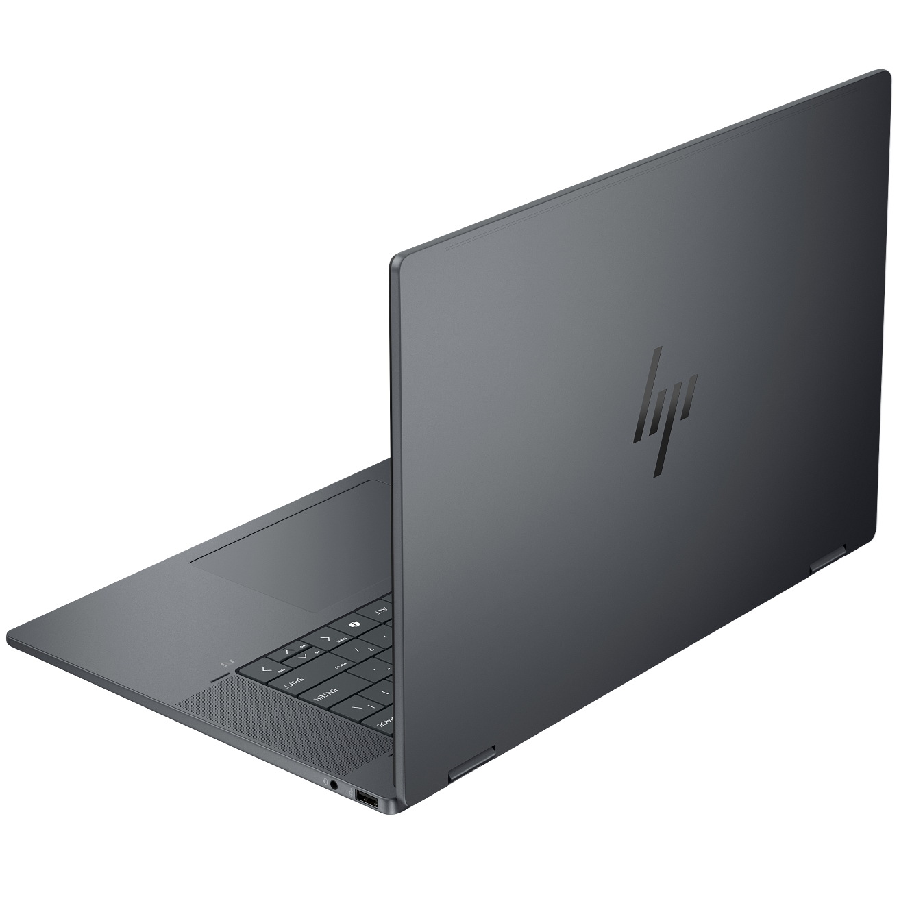 An open Eclipse Gray HP OMNIBOOK X Flip 16-as0023dx laptop with an isometric view on a white background.