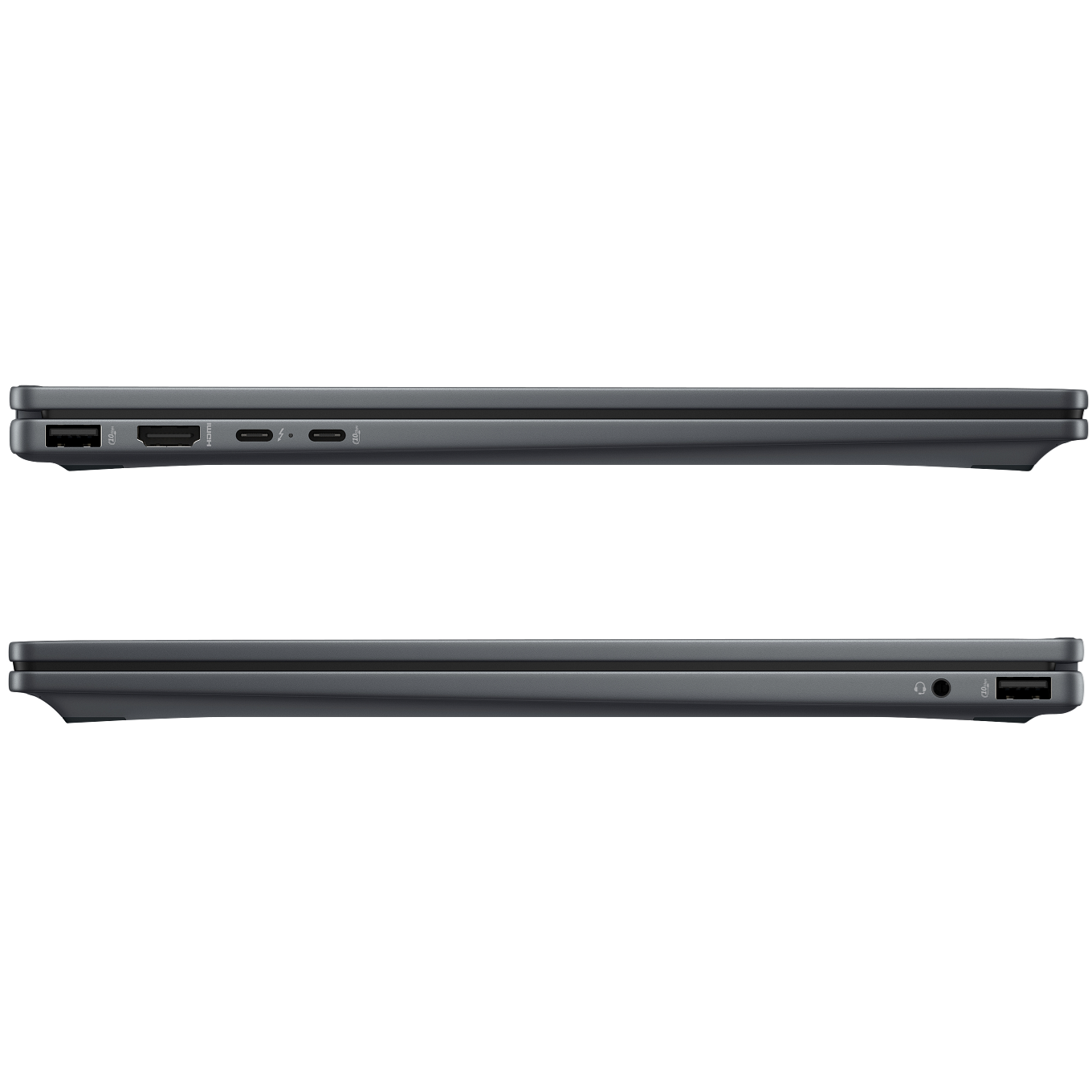 A closed Eclipse Gray HP OMNIBOOK X Flip 16-as0023dx laptop viewed from the side on a white background.