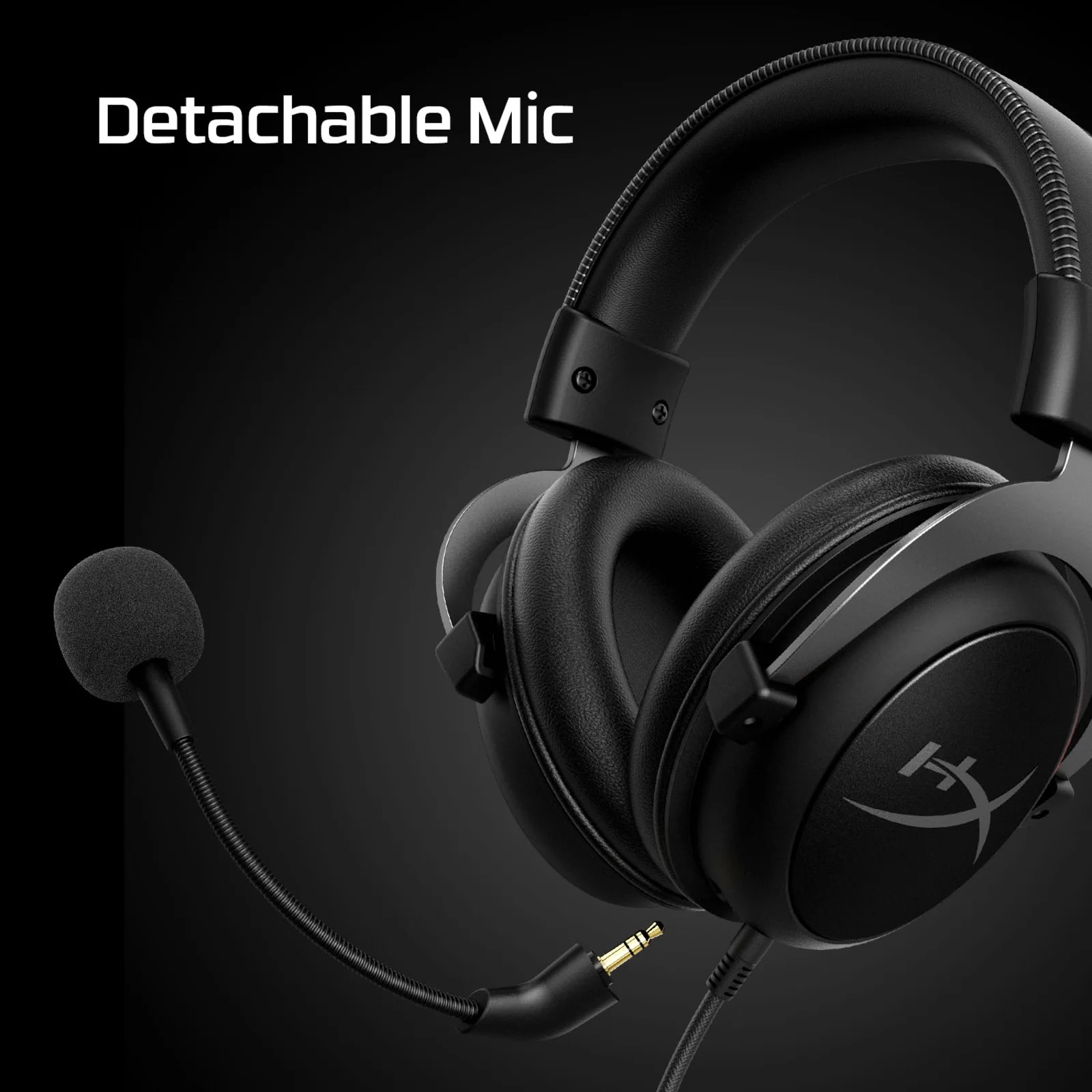 A pair of HyperX Cloud II wired headphones with an isometric view on a black background.