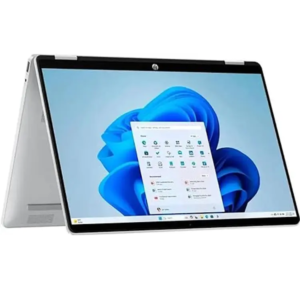 Tent-mode orientation of the silver HP OmniBook x360 14T-FP000 2-in-1 laptop standing on its display edges, showcasing the 14-inch WUXGA touchscreen running Windows 11 with the Start menu open.
