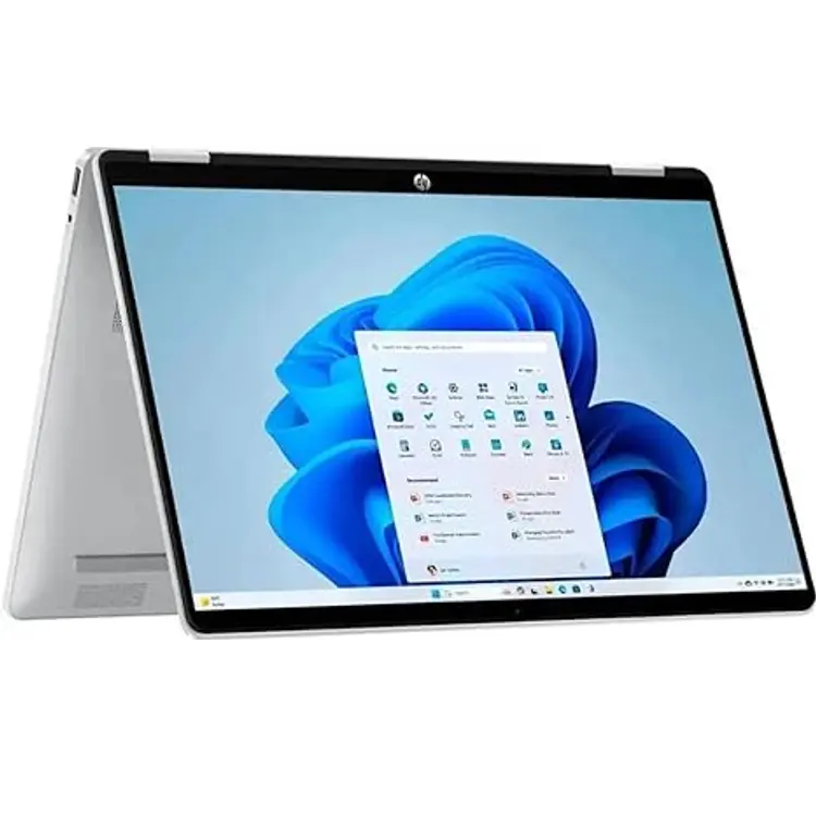 HP X360 OMNIBOOK 14T-FP000, CORE 3 100U, 8GB 256GB NVME, 14-inch WUXGA Touchscreen, Windows 11 Tent-mode orientation of the silver HP OmniBook x360 14T-FP000 2-in-1 laptop standing on its display edges, showcasing the 14-inch WUXGA touchscreen running Windows 11 with the Start menu open.