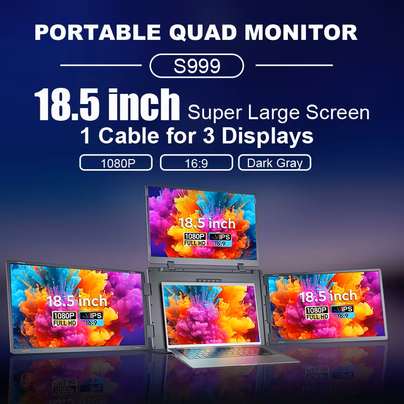 A silver portable quad screen viewed at an isometric angle on a blue background showcasing the large 18.5" screens.
