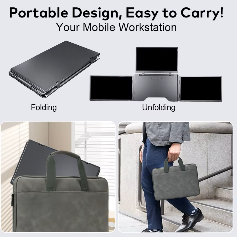 A silver portable quad screen shown in its folded and unfolded forms inside and outside of its carrying bag.