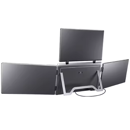 A silver portable quad screen viewed at an isometric angle on a white background.