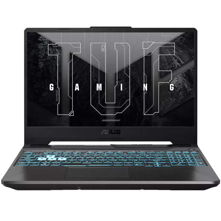An open ASUS TUF Gaming A15 FA506NCR laptop viewed from the front on a white background.