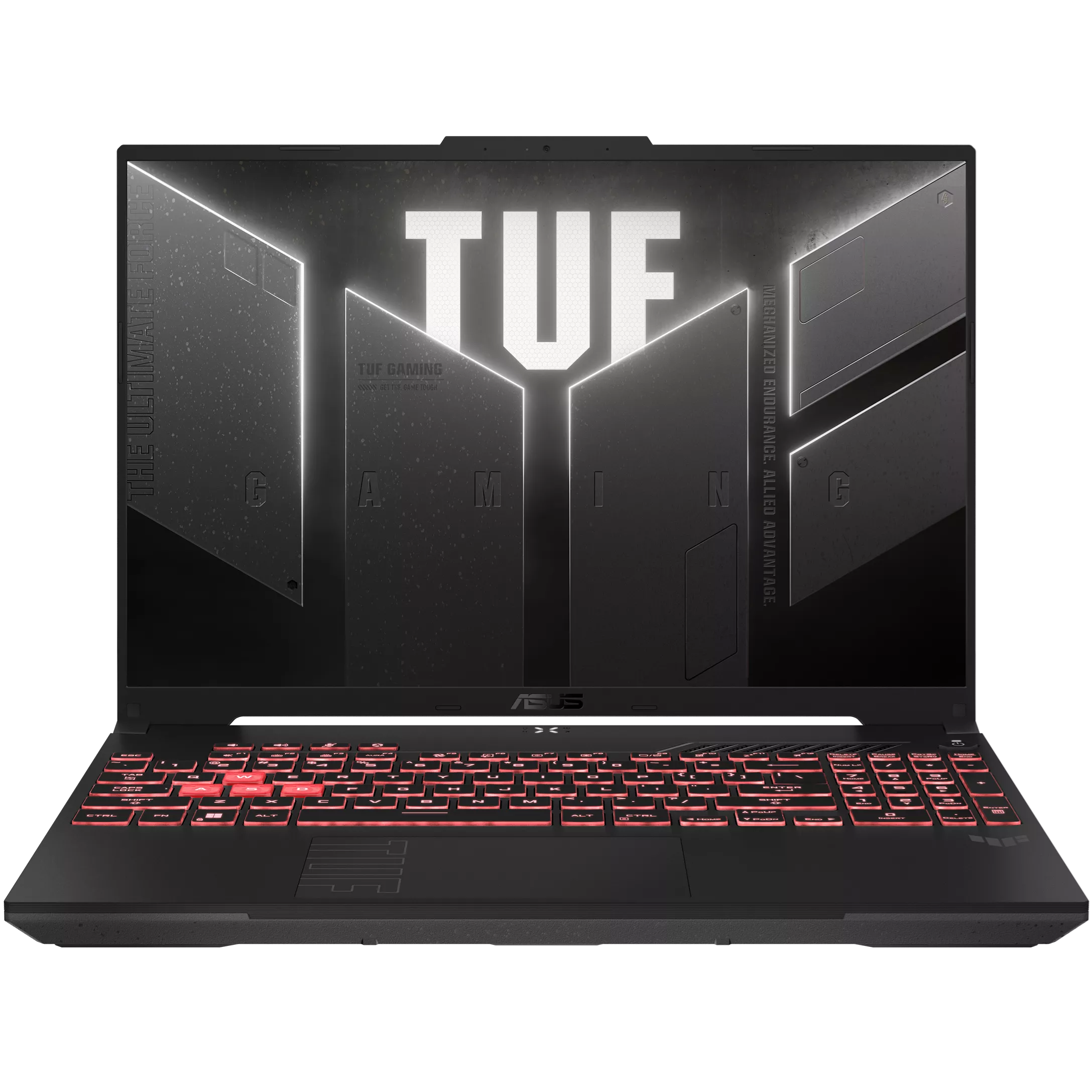 An open ASUS TUF Gaming A16 A607NU-WS53 laptop viewed from the front on a white background.
