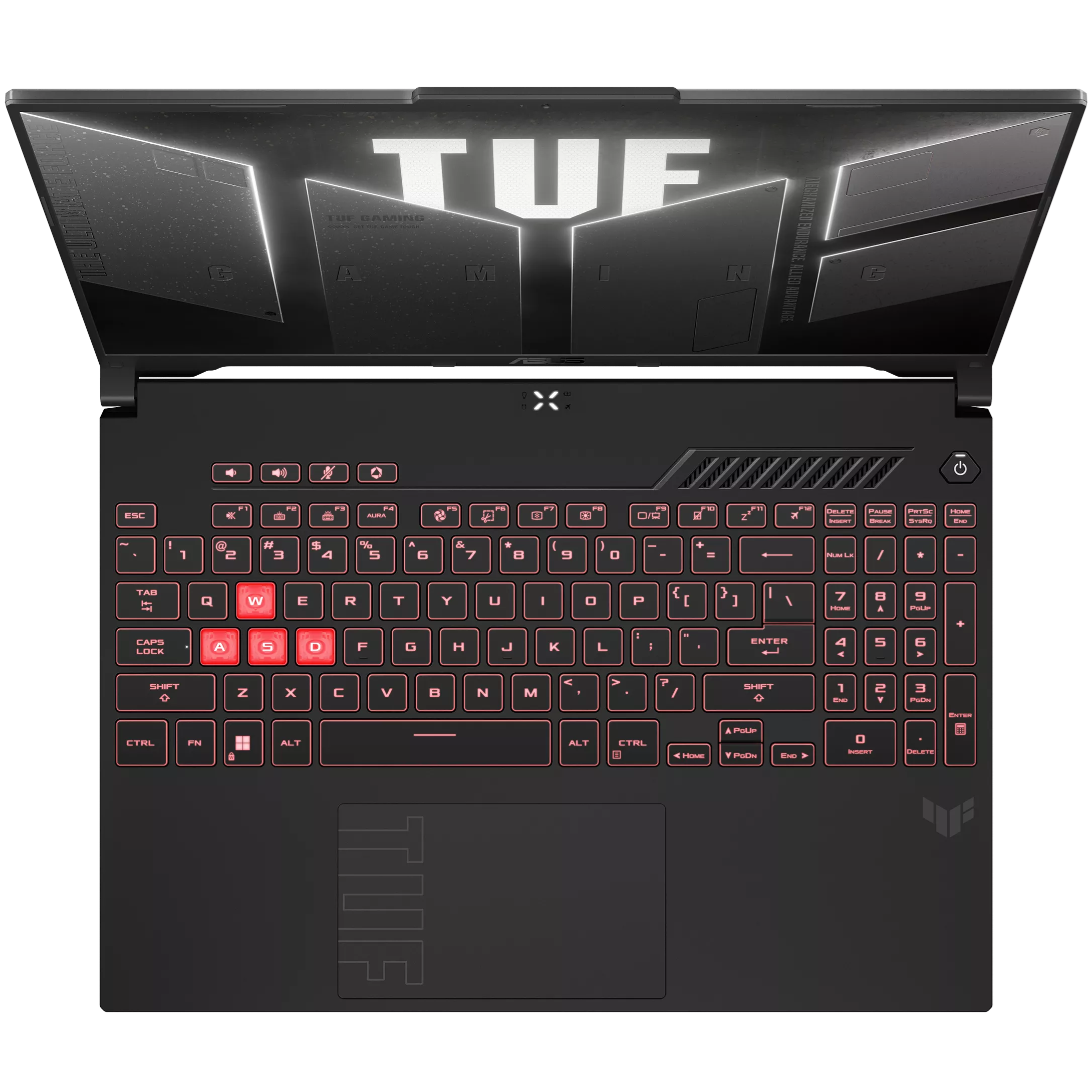 An open ASUS TUF Gaming A16 A607NU-WS53 laptop viewed from the top on a white background.