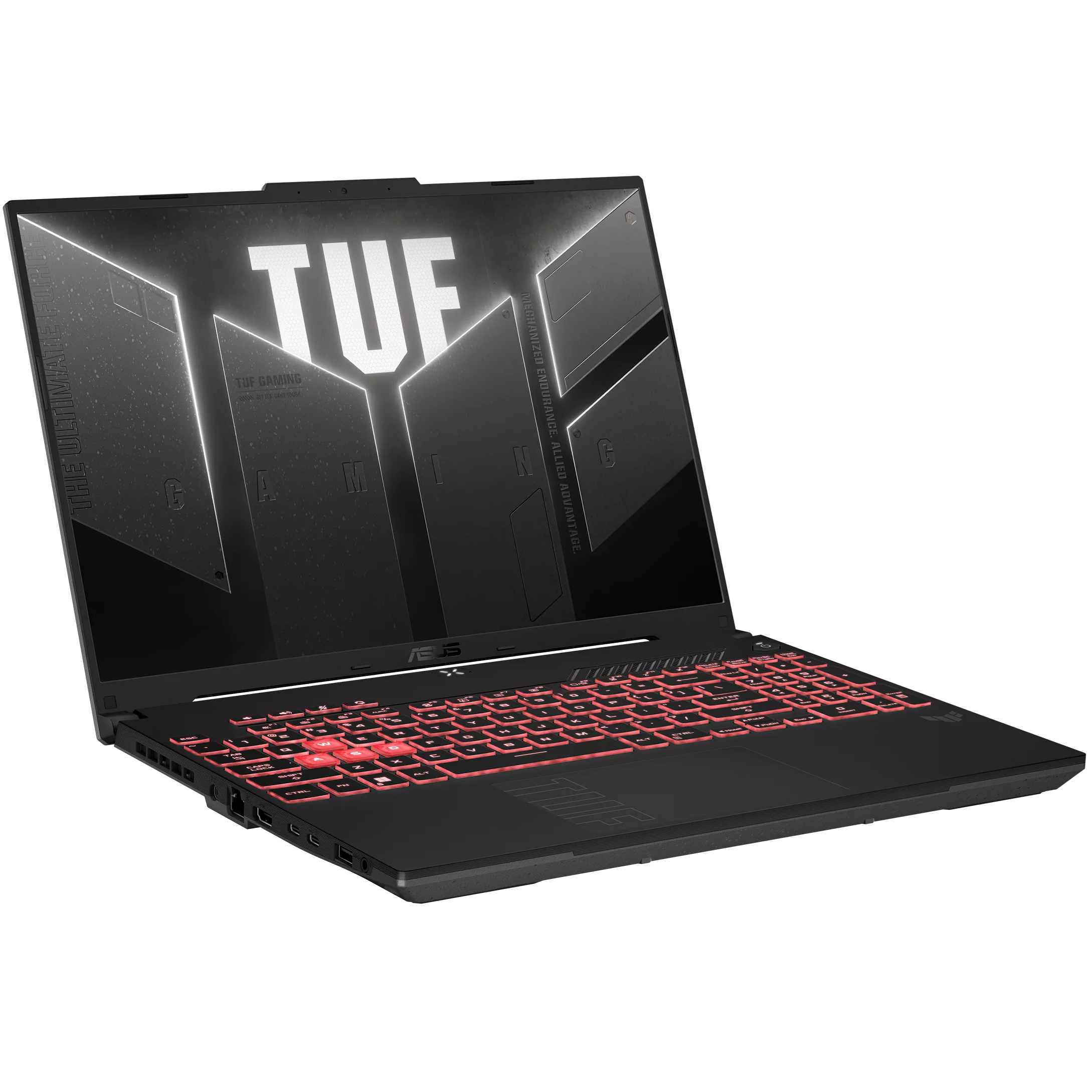 An open ASUS TUF Gaming A16 A607NU-WS53 laptop with an isometric view on a white background.