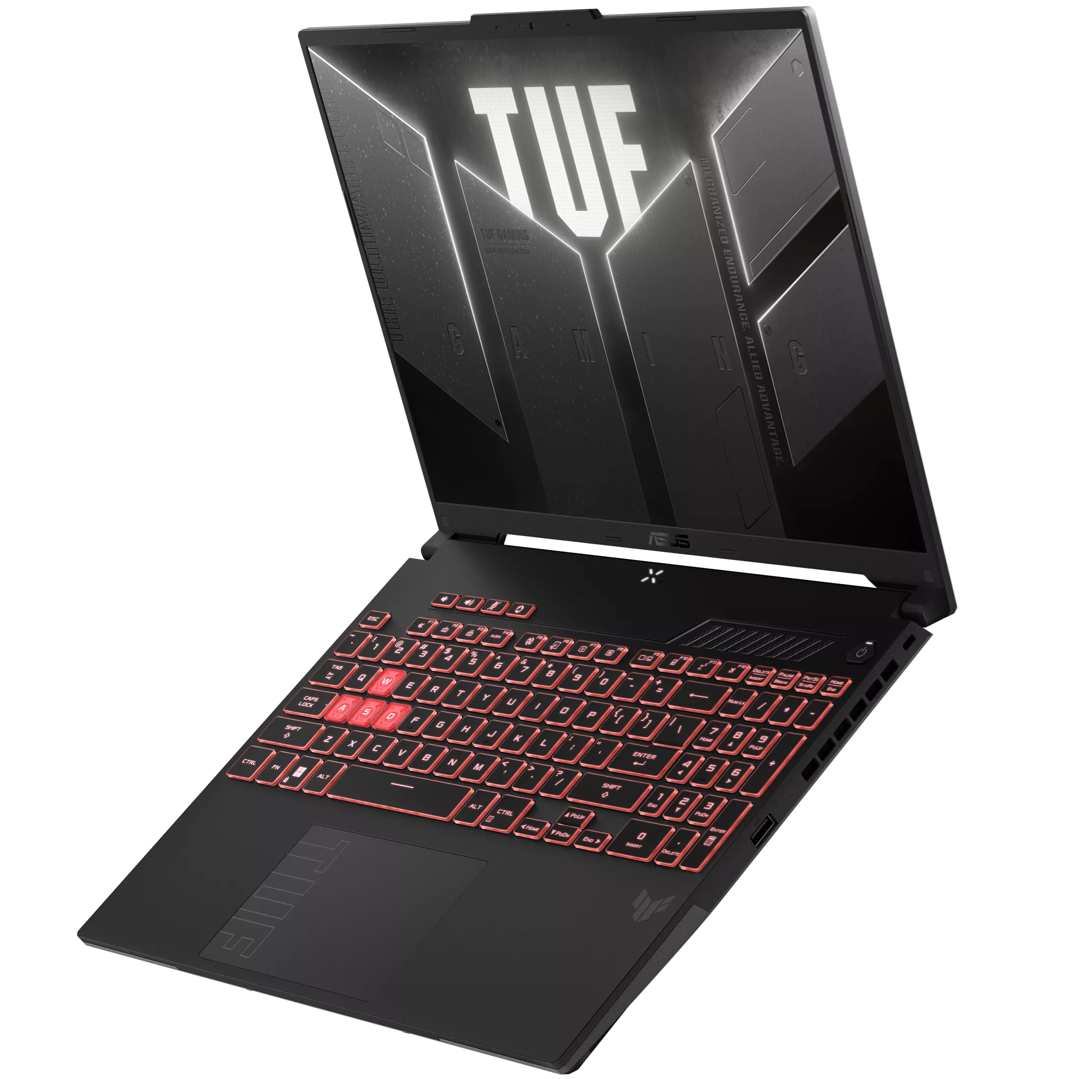 An open ASUS TUF Gaming A16 A607NU-WS53 laptop with an isometric view on a white background.