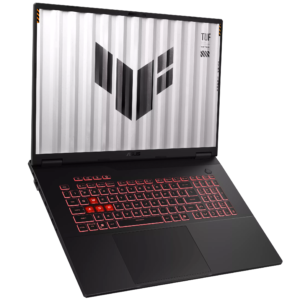 An open ASUS TUF Gaming A18 FA808UM-IS74 laptop with an isometric view on a white background.