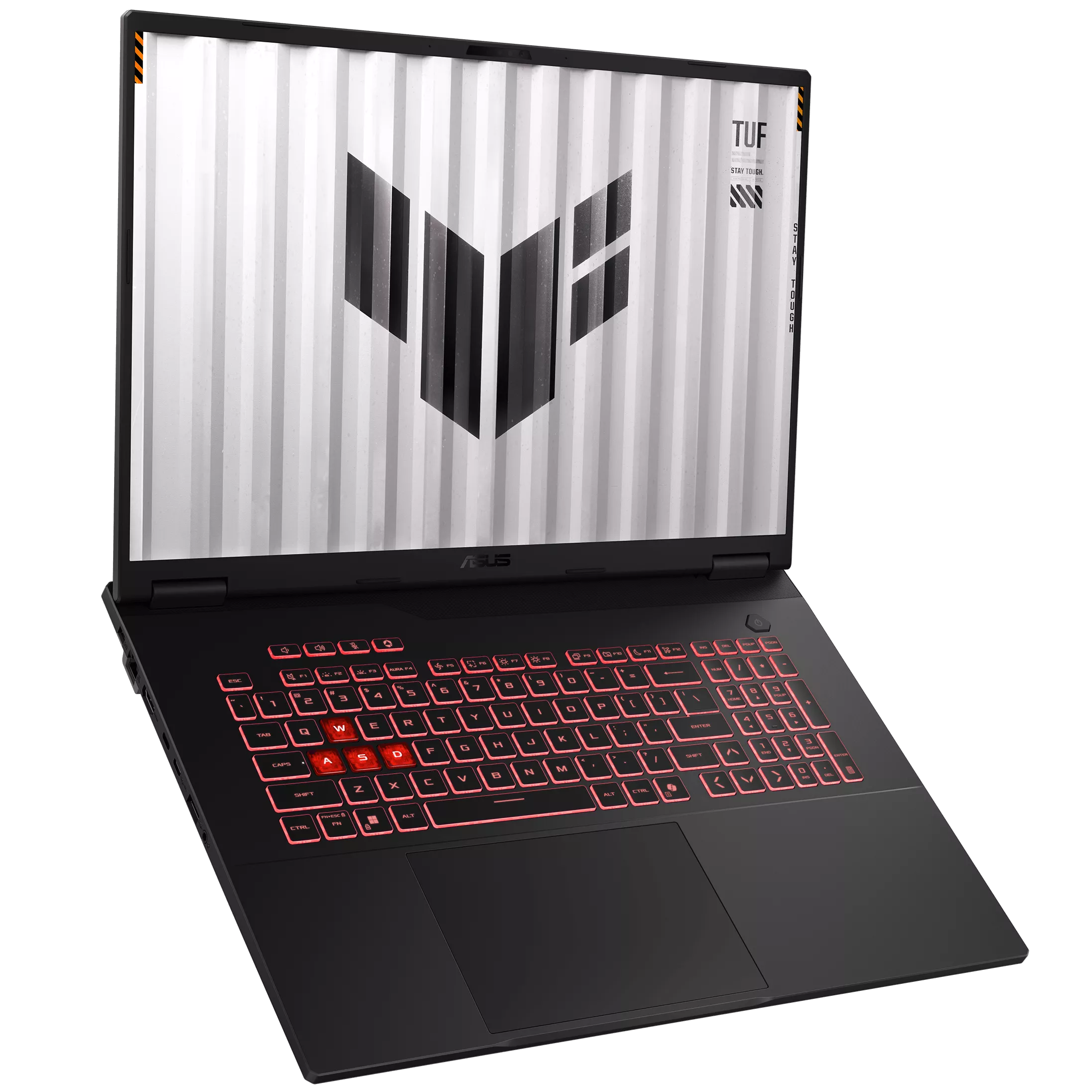 An open ASUS TUF Gaming A18 FA808UM-IS74 laptop with an isometric view on a white background.
