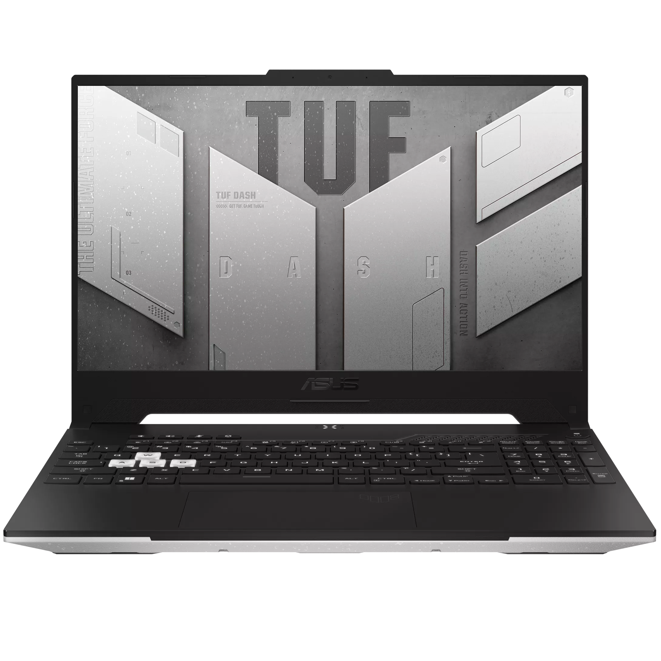 An open ASUS TUF Gaming F15 FX507ZC4 laptop viewed from the front on a white background.