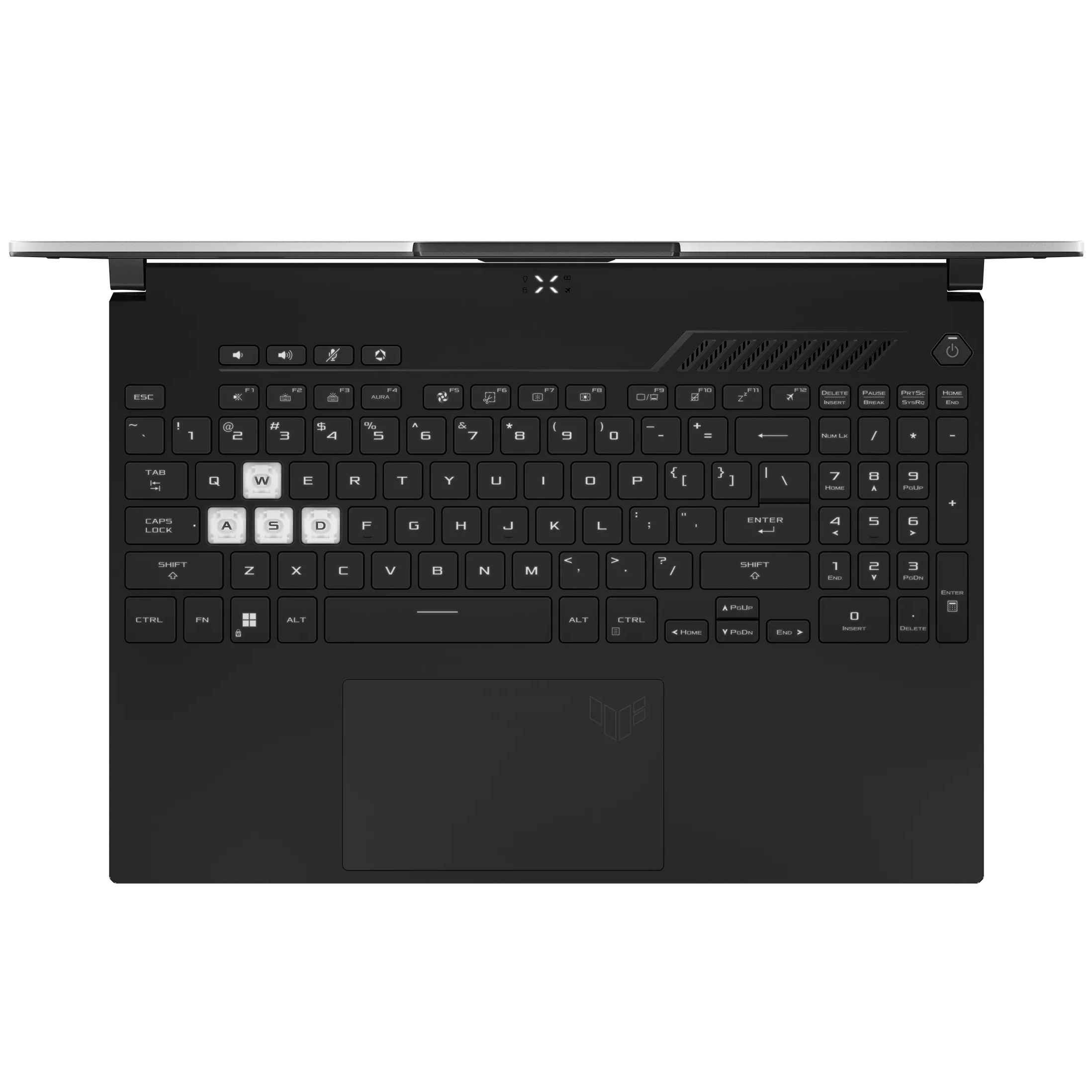 An open ASUS TUF Gaming F15 FX507ZC4 laptop viewed from the top on a white background.