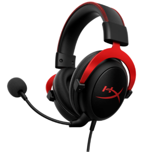 A pair of HyperX Cloud II wired headphones with an isometric view on a white background.