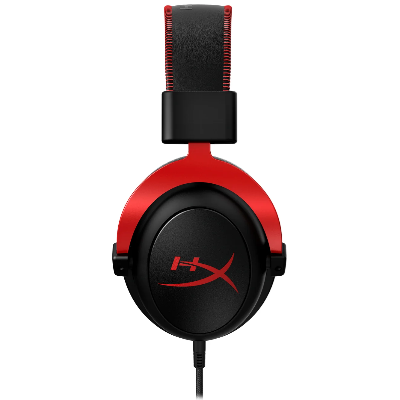 A pair of HyperX Cloud II wired headphones viewed from the side on a white background.