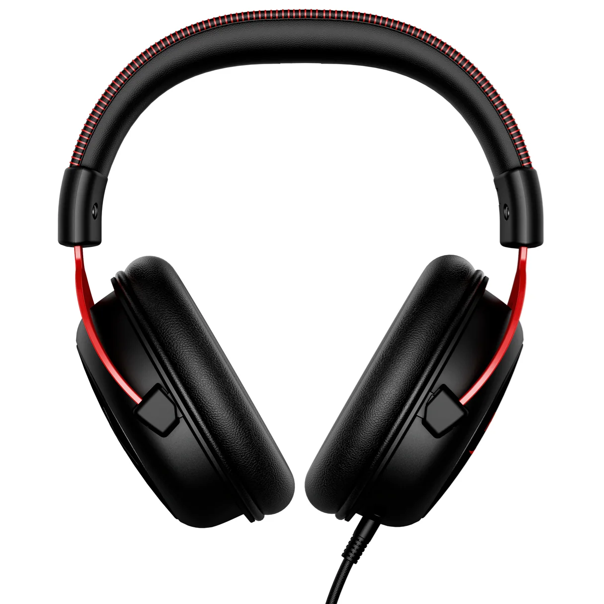A pair of HyperX Cloud II wired headphones viewed from the front on a white background.
