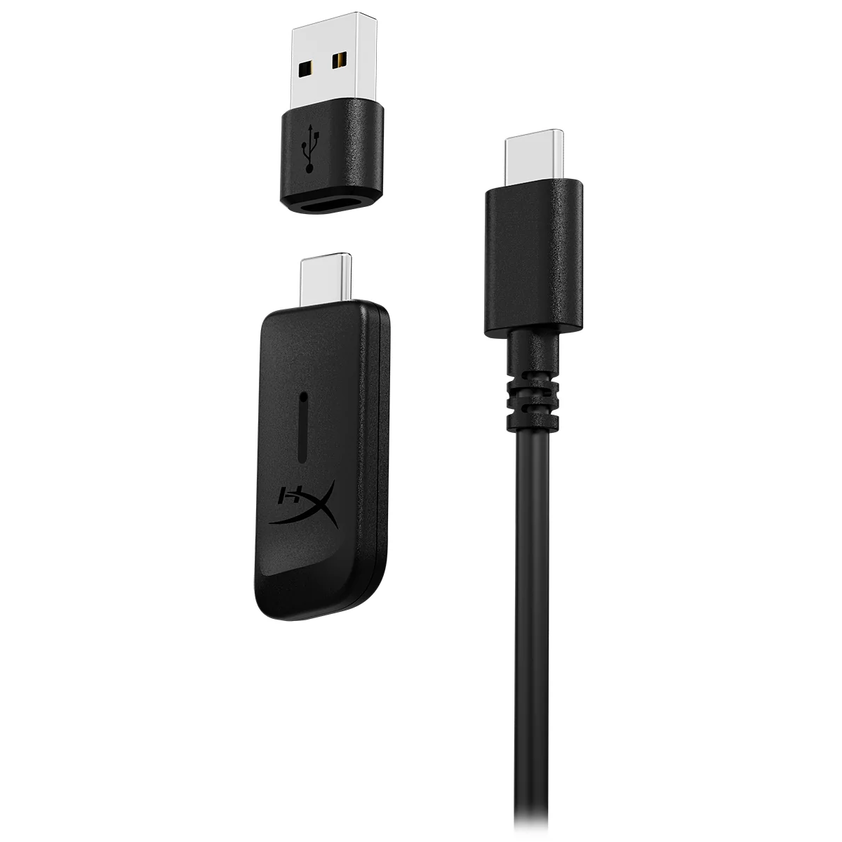 The dongle an cable of a pair of HyperX Cloud III Wireless headphones with an isometric view on a white background.