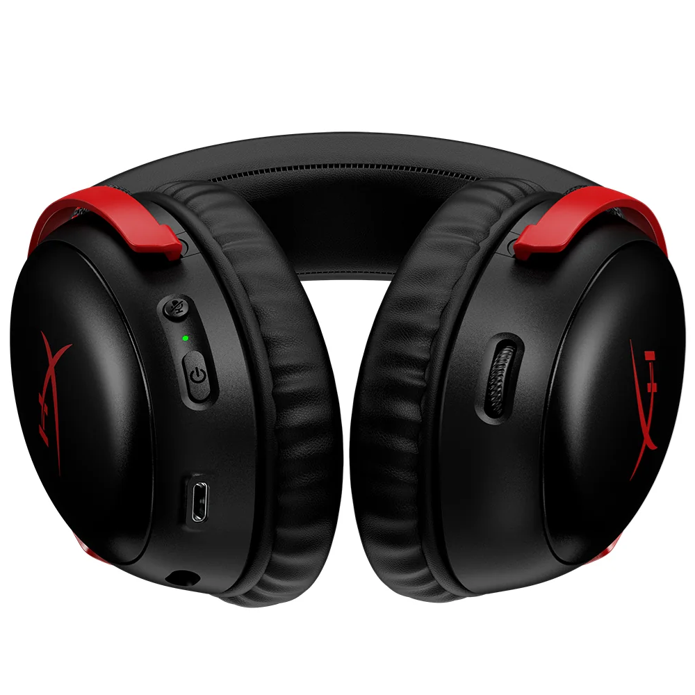 A pair of HyperX Cloud III Wireless headphones viewed from an isometric angle lying flat on a white background.