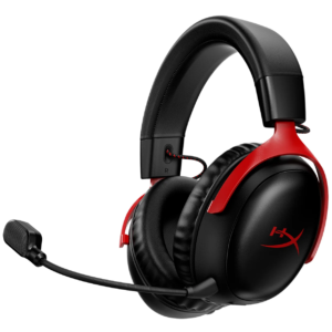 A pair of HyperX Cloud III Wireless headphones with an isometric view on a white background.