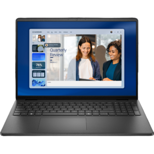 Front-facing view of the open Dell 16 laptop highlighting the slim display bezels, integrated webcam, and keyboard layout.