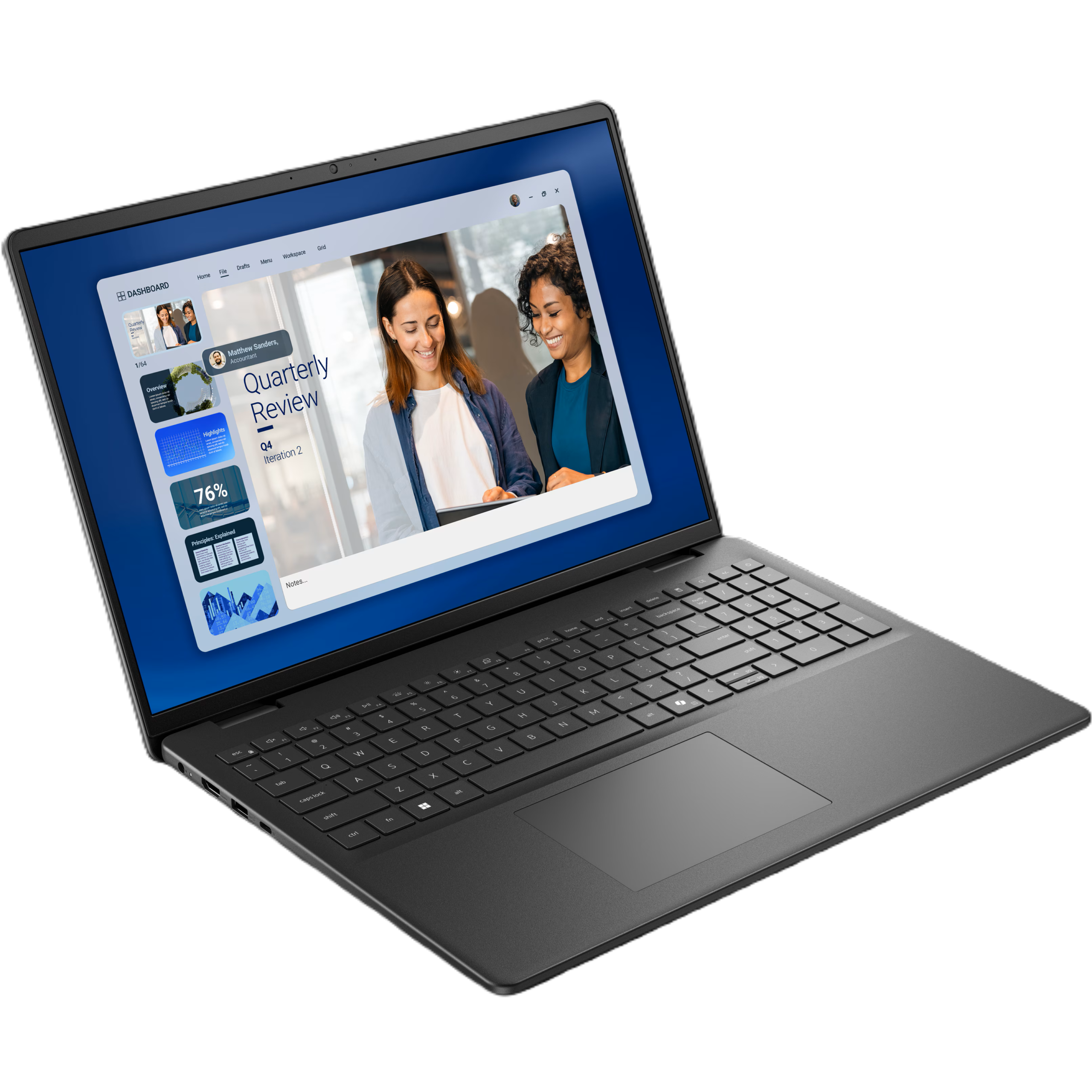 Angled front view of the open Dell 16 laptop resting on a surface with the screen displaying a productivity application window.