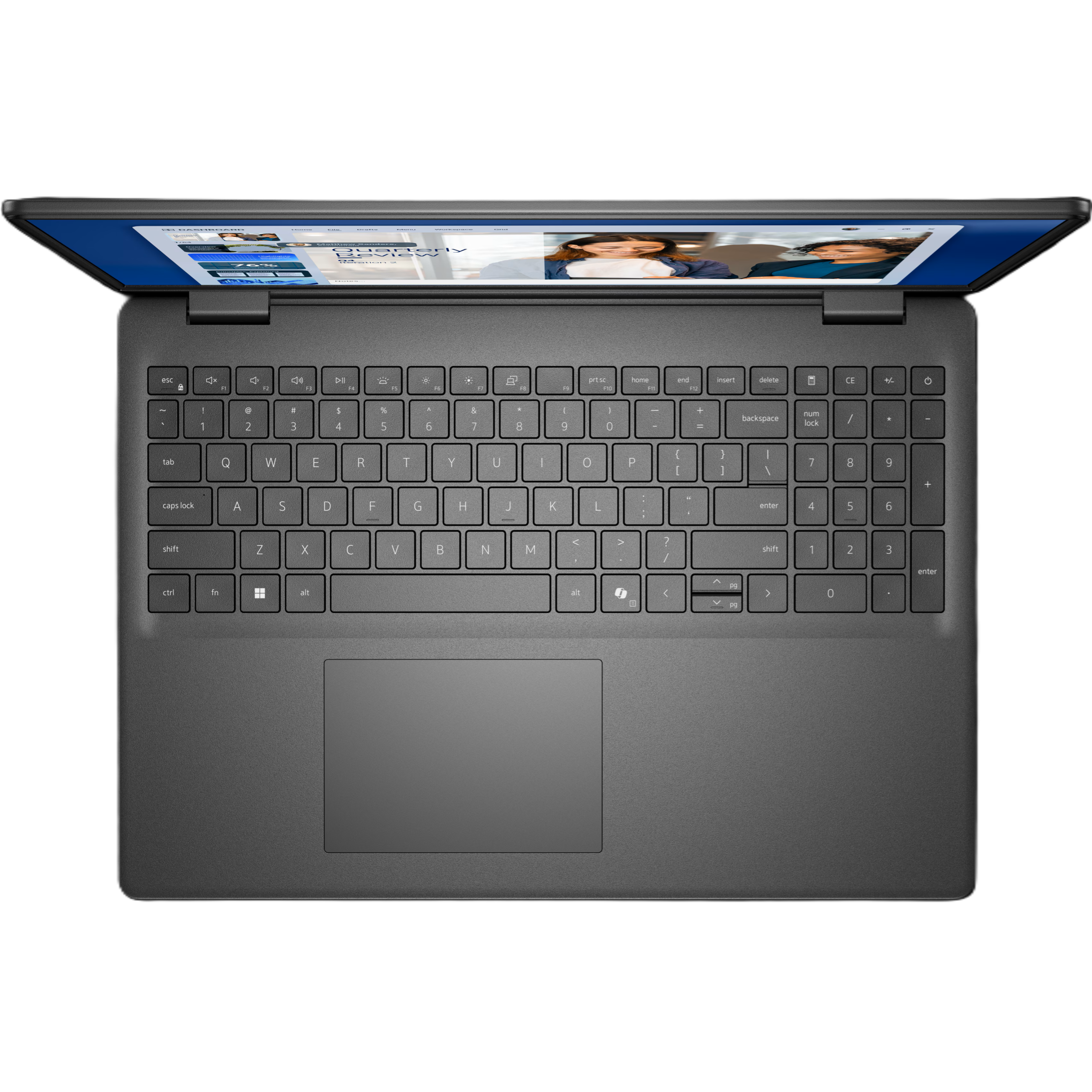 Top-down open view of the Dell 16 laptop showing the full keyboard with a numeric keypad, trackpad, and the 16-inch FHD+ touchscreen displaying a dashboard user interface.
