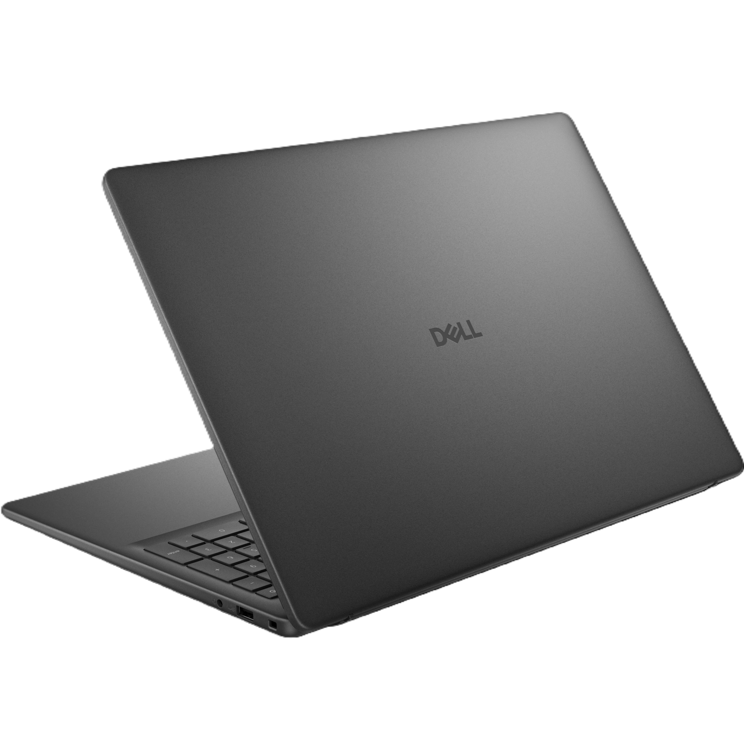 Angled rear view of the closed Dell 16 laptop showcasing the dark matte finish and the centered Dell logo.
