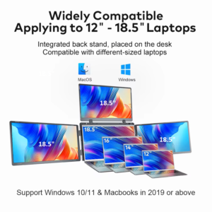A silver portable quad screen mounted on laptops of sizes varying from 12" to 18.5" on a white background.