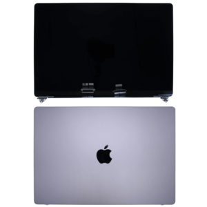 Back and front view of a screen replacement for a Macbook Pro A2485 Space Grey.