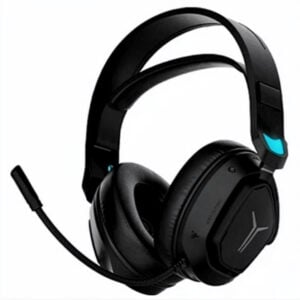 Three-quarters perspective view of the black Lenovo Legion R360 gaming headset showcasing its dual-frame headband, plush ear cushions, integrated boom microphone, and 'Y' Legion logo accents.