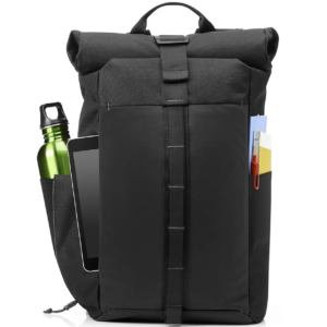 Black HP Pavilion Roll Top back pack viewed from the back on a white background.