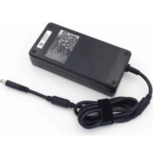 Black original Chicony 330W AC power adapter charger block showing safety specification label, rubber feet, and bundled DC cable with a 7.4x5.0mm barrel tip with center pin.