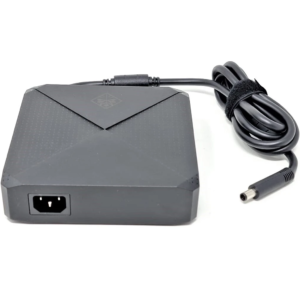 Black original HP OMEN 330W AC power adapter block featuring the OMEN diamond logo, 3-pin AC power inlet, and attached DC cable with a 7.4x5.0mm barrel connector.