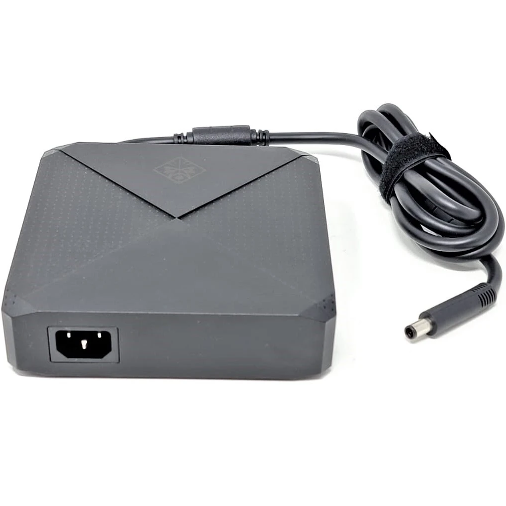 Black original HP OMEN 330W AC power adapter block featuring the OMEN diamond logo, 3-pin AC power inlet, and attached DC cable with a 7.4x5.0mm barrel connector.