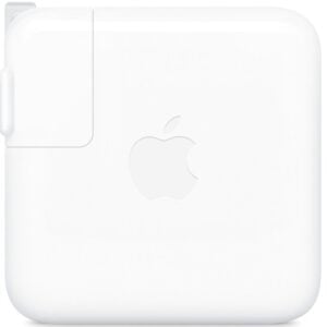 White 70W Mac Adapter viewed from the aside on a white background.