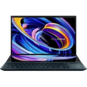 Front view of the ASUS ZenBook Pro Duo UX582 open, showcasing matching colorful swirling artwork on both the main display and tilted ScreenPad Plus screen.