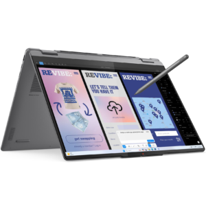 Open Lenovo Yoga 7i viewed from an siometric angle on a white background.