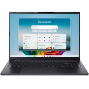 Front view of the Acer Swift Go 16 laptop open display showing Windows 11 desktop with Microsoft Copilot interface.
