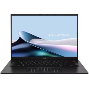 Front-facing view of the open ASUS Zenbook 14 UM3406HA laptop displaying the screen wallpaper, thin bezels, keyboard, and NumberPad touchpad.