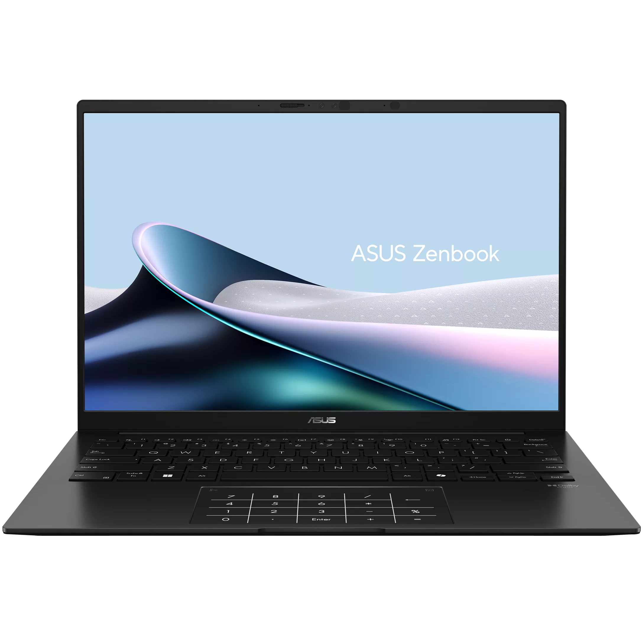 Front-facing view of the open ASUS Zenbook 14 UM3406HA laptop displaying the screen wallpaper, thin bezels, keyboard, and NumberPad touchpad.